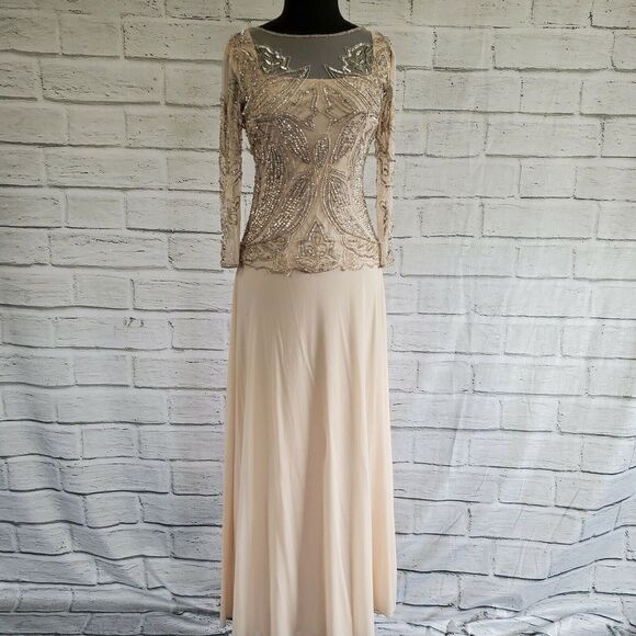 Pisarro Nights Blush Sheer 3/4 sleeve Beaded Gown Formal Womens Size 4 Rayon - Picture 6 of 10